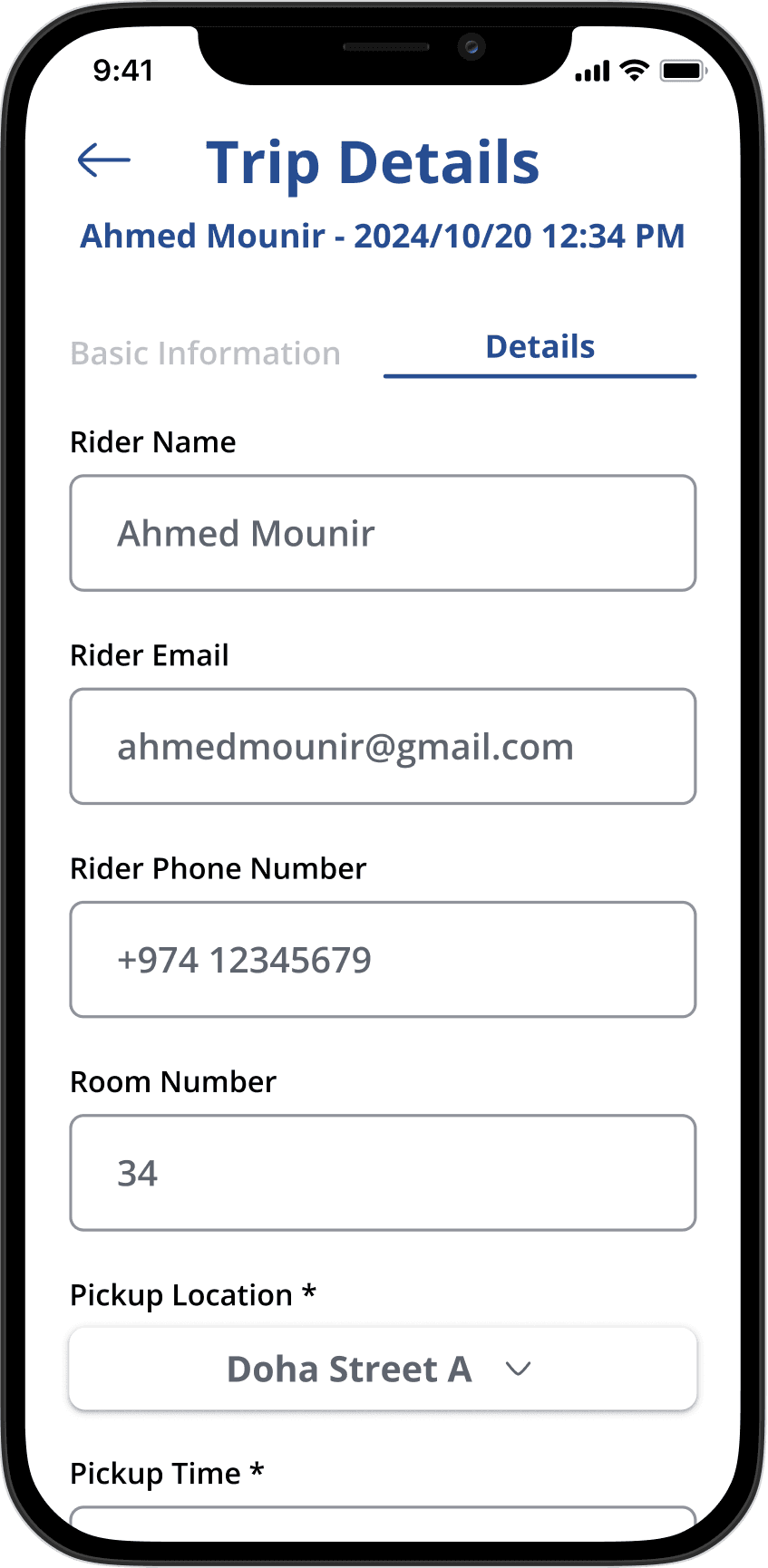 Guest trip details with rider, room, and pickup