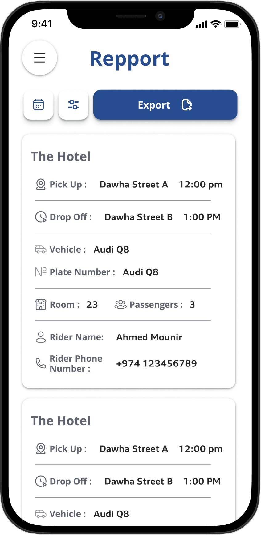 Trip report with pickup, vehicle, and rider details
