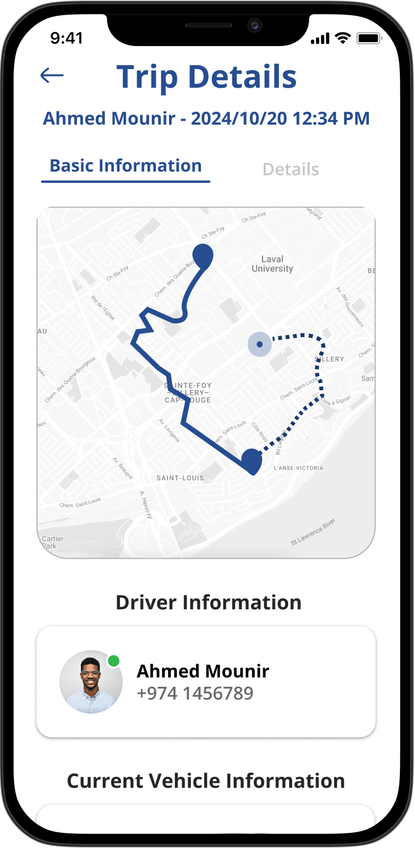 Live trip map with captain and vehicle information