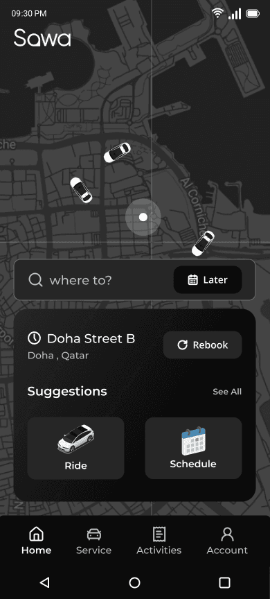 Sawa Rides app home screen with map, destination search, and ride suggestions